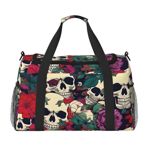Floral Skulls Print Stylish Foldable Carry On Tote with Waterproof Zipper for Weekend Getaways Bag