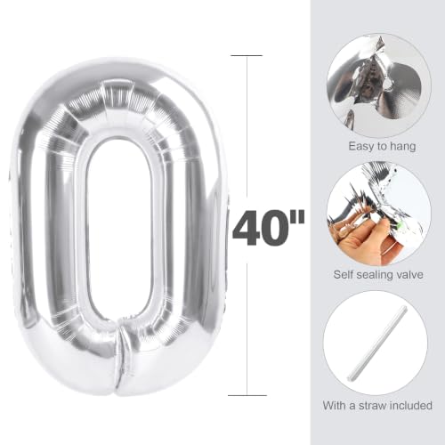 Image of 0 Balloon 40 inch Silver Number Balloons for 10th Birthday Party Decoration | Saturated Color, Large 40 in, With Straw & Hanging Hole, For Graduation Season, Thanksgiving, Anniversary, Christmas