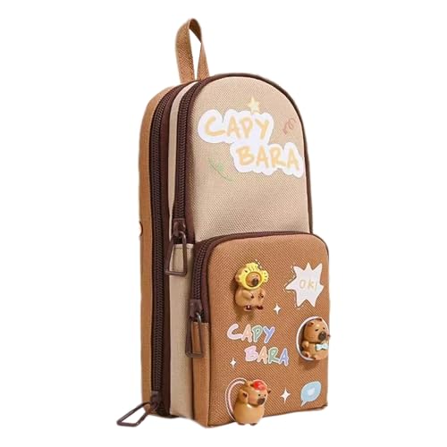 Image of Canvas Kawaii Pencil Case 3 Compartment Cute Pencil Case for Girls Large Capacity Pen Pencil Pouch for Boy Smooth Zipper Multifunctional Stationery Organizer for School Office (HT Brown Bara)