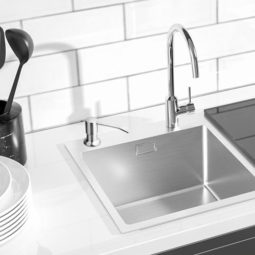 HUAERSICO Spülmittelspender Küche Einbau,Seifenspender Einbau mit Edelstahlpumpe und 1,0 m Verlängerungsschlauch für Küchenspüle und Waschbecken,Silber