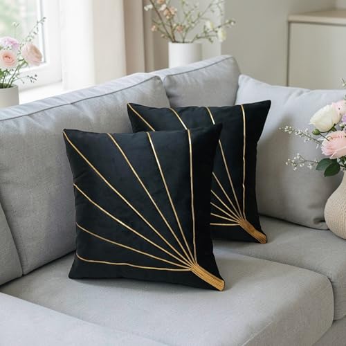 Image of Home Velvet Cushion Cover with Golden Stripes, Aqua Pack of 5, 16x16 to 26x26 Inch (Black, 24x24in)