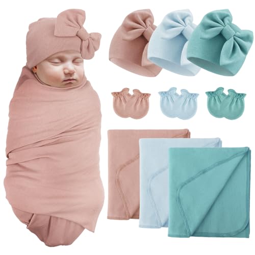 Image of AQOKKA Baby Swaddle Blankets with Bow Hat Mittens Set Infant Receiving Blankets Swaddles for Newborns Unisex Toddler Swaddle Wrap Sets for Baby Girls Boys Nursery Warm Shower Gift