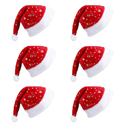 JOFONY Lot de 6 Bonnets de Noël pour Adulte avec Motif Pentagramme, Bord en Peluche, Chapeau de Père Noël, Costume pour Fête, Décoration