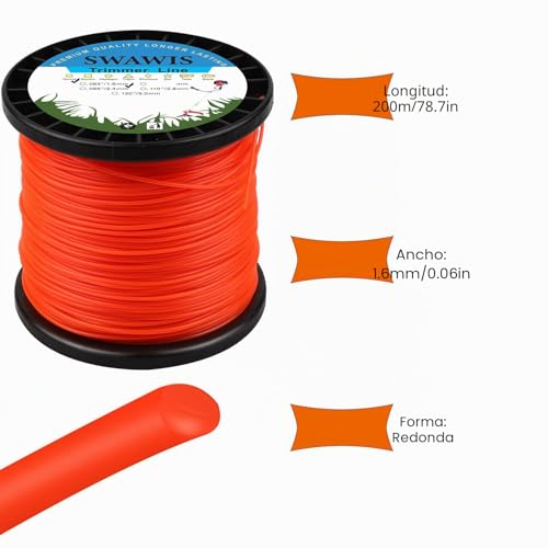 Miniatura 2 de Swawis Hilo Desbrozadora 1,6 Mm X 200m Hilo De Corte Hilo De Nylon De Cortacésped Redonda Naranja Para Jardin Hierba