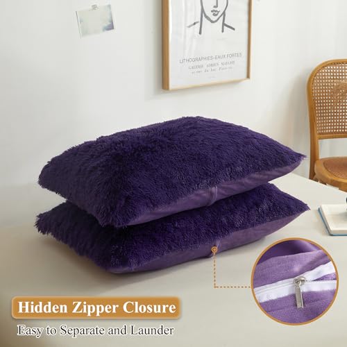 XeGe Fluffy Faux Fur Bed Pillow Cases, Set of 2, King, 20x36, Purple by XeGe - Used condition - Image 3