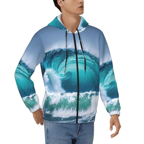Sweat à capuche homme zippé à motif vague de l'océan et cordon de serrage
