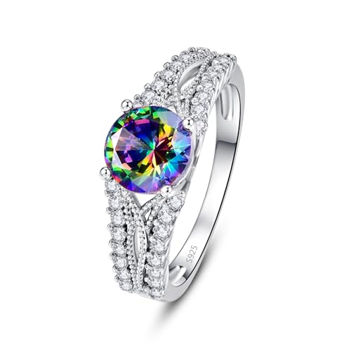 925 Sterling Silver 1.25 CT Round Solitaire Simulated Mystic Rainbow Topaz Cubic Zirconia Engagement Ring Split Shank Wedding Band Promise Ring for Her