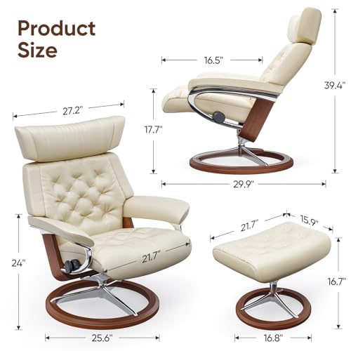 OTDMEL Swivel Recliner with Ottoman Adjustable Back Genuine Leather Ergonomic Lounge Chair w/Footrest for Living Room, Bedroom, Office (Leather, White)