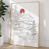 Minimalist Landscape Art Black Line Picture Red Sun Wall Art Boho Landscape Painting Black and White Plant Pictures Abstract Mountain Poster Boho Plant Line Wall Art for Living Room 16x24in Frameless