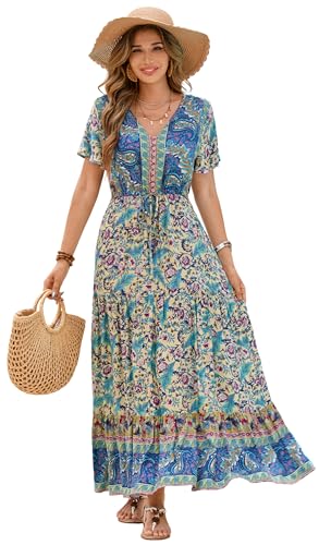 R.Vivimos Womens Summer Floral Print Cotton Short Sleeve Flowy Dress