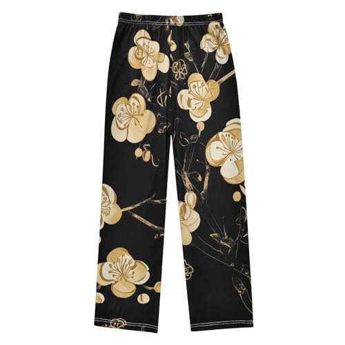 Golden Plum Flowers Boys Long Pants Soft Trousers Elastic Waist Kids Lounge Bottoms with Pockets S-XL2