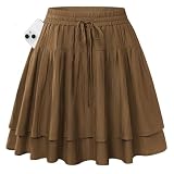 Kate Kasin Damen A Linie Hohe Taille Röcke mit Hose Drunter Sommer Casual Fließender Minirock mit Tasche Leicht Rüschen Stufenrock Braun M