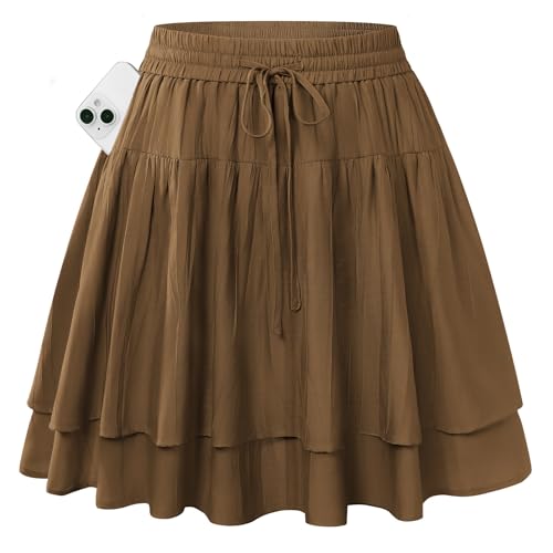 Kate Kasin Women's High Waist Mini Skirt with Shorts Summer Layered Ruffled Flowy Skirts A Line Ballet Skirt with Pockets Brown M