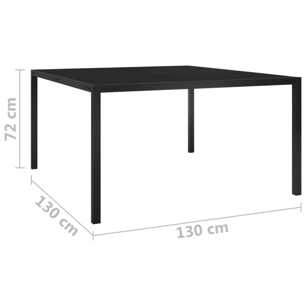 Mesa de jardín de 130 x 130 x 72 cm, acero pulverizado negro con cristal templado, mesa estable para exteriores, para jardín, terraza, balcón, resistente a la intemperie y fácil de limpiar