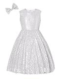 EXARUS Girls Sparkly Sparkle Dress Sleeveless Sequin Party Special Occasion Formal Sequence Dresses Silver 10Y
