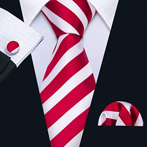Image of Barry.Wang Tie Sets for Men Silk Stripe Necktie Woven Checkered Handkerchief Cufflinks Formal Business Wedding