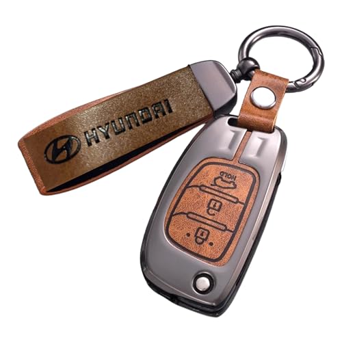 Image of Zinc Metal Alloy Leather Car Key Cover & Case Brown with Keychain fit for Hyundai Creta, Exter, I10 Grand Nios, I20 Elite, I20 (2020), Aura, Venue, I20 Active, Xcent (3 BT Flip Key)
