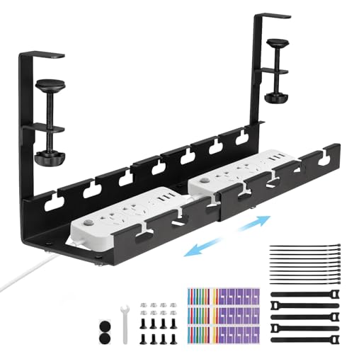 Edencomer Under Desk Cable Management Tray, 11.2''-21.8'' Retractable Under Desk Cable Tray for Keeping Cable Tidy, No Drill Sturdy Steel Wire Management for Office and Home Standing Desk