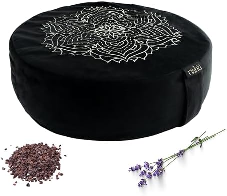 Black Velvet Embroidered Meditation Cushion - Buckwheat Filled wi...