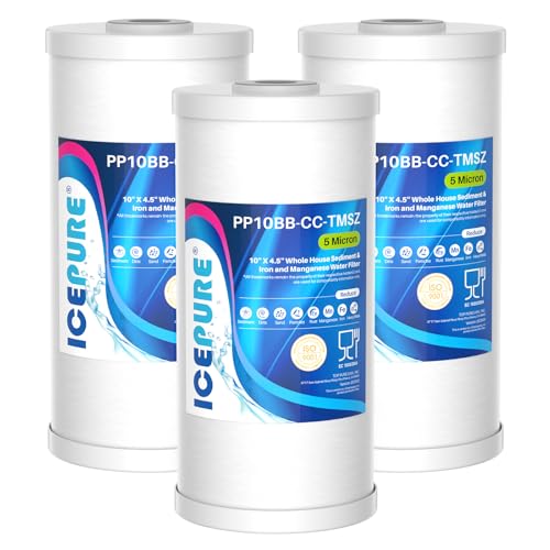 Image of ICEPURE 5 Micron 10 inch x 4.5 inch Whole House Sediment and Iron Manganese Resin Water Filter Compatible with GE FXHTC, GXWH40L, RFC-BBSA W50PEHD Whirlpool WHKF-GD25BB GXWH35F GNWH38S Dupont WFHD13001, 3PACK