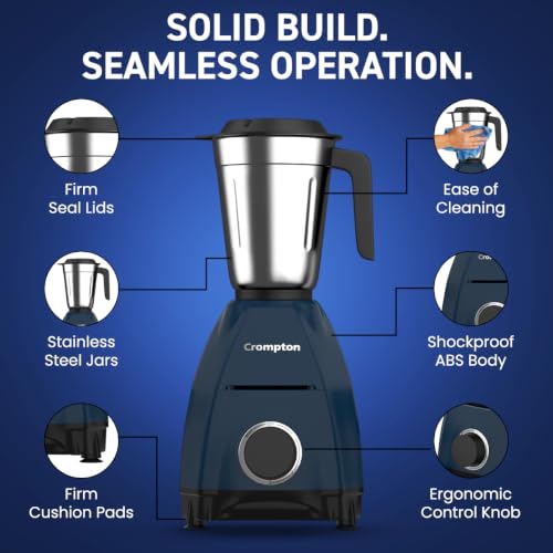 Image of Crompton DX 750W Mixer Grinder with 4 Jars | 3 Stainless Steel Jars & 1L Blending Jar | Elegant, Easy-Clean & Ergonomic Body | Powertron Motor | 2 Years Warranty