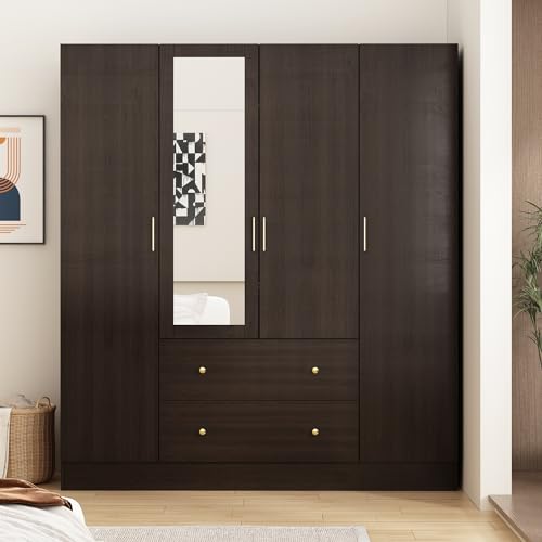 ECACAD Dark Brown Wardrobe Armoire with Mirror, 5-Tier Shelves, 2