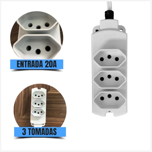 Extensão Elétrica 3 Metros Plug 90° 3 Tomadas 20 amperes