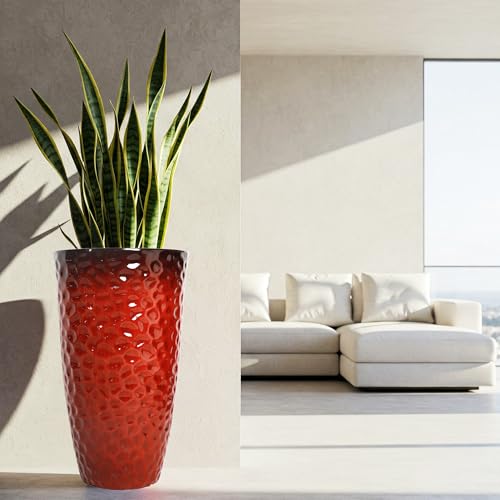 Worth Garden 14" Dia x 24" H Large Plastic Planters with Drainage Hole, Set of 2 Hammered Texture Red Glossy Smooth Finish, Tall Taper Round Decorative Flower Plant Pot for Indoor Outdoor, Front Porch - Image 3