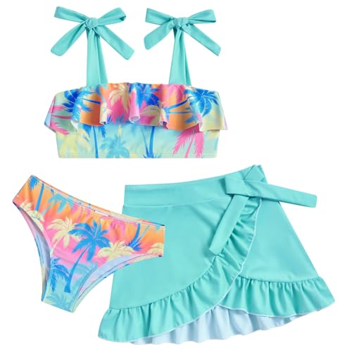 Image of ALISISTER Girls Swimsuit 3 Piece Bathing Suits Flounce Bikini Tankini Set Beach Swimwear with Cover Ups Skirt for 3-8 Years
