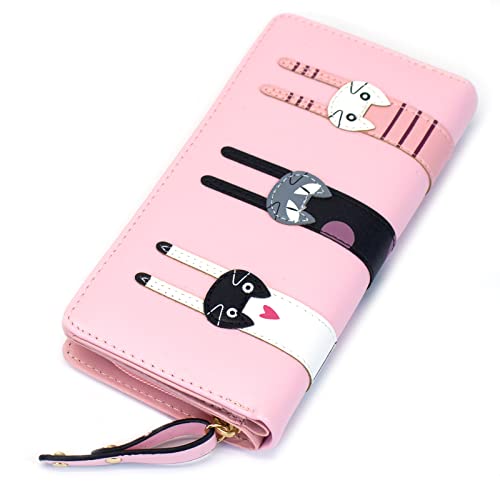 Valentoria® Birthday Gifts For Women's Mini Faux Leather Bifold 3 Cat Design Clutch Wallet(Long Pink) #TOP1