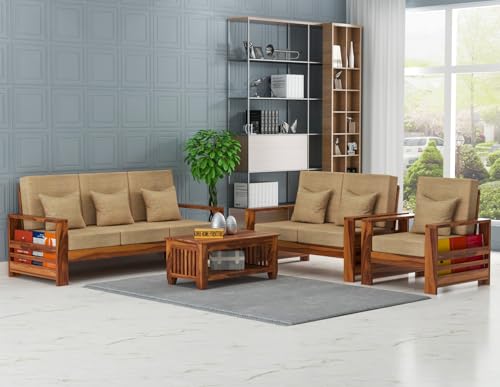 Image of Sheesham Wooden 6 Seater Sofa for Living Room | Rosewood 6 Seater Cushion Sofa with Side Rack | Solid Wood Sofa Set for Lounge (3+2+1,Honey)