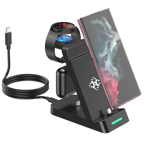 Caricatore Wireless 3 en 1 per Samsung, Stazione Ricarica Caricabatterie Wireless per Galaxy Watch Ultra/7/6 Classic/5 Pro/5/4/3/Buds, Base Ricarica Wireless Charger per Samsung Galaxy S25 S24 S23 S22