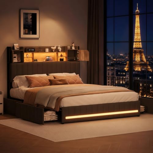 LIVLUX Lit 160x200 avec Sommier LED et USB,Lit Double rembourré avec sommier à Lattes et 4 Tiroirs,Tete de lit avec Rangement,2 Personnes pour Adultes et...