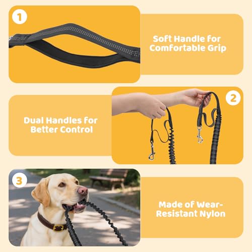 Euqvunn Joggingleine Hunde mit Hüfttasche – 1,6 m bis 2,2 m, Doppelte Griffe, Elastische Leine für Mittelgroße Hunde, Ideal für Laufen, Spazierengehen, Wandern, Bergsteigen & Reisen