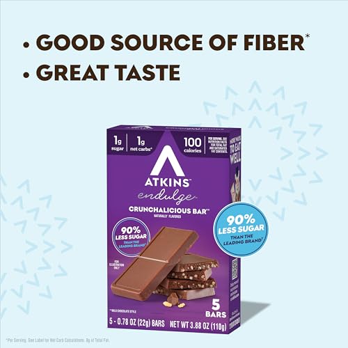 Image of Atkins Endulge, Crunchalicious Bar, 1g Net Carbs, 1g Sugar, Good Source of Fiber, 5 Count (Pack of 8)