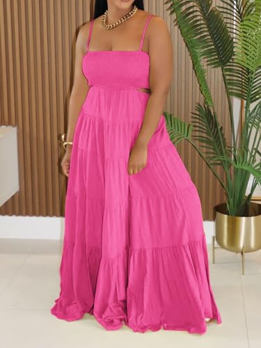 Image of WXN Womens Spaghetti Strap Sundress Casual Summer Long Maxi Dress Smocked A Line Swing Cocktail Party Vacation Dresses