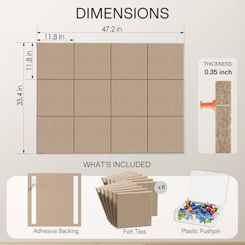 Image of MaxGear Felt Bulletin Board 48 inch x 36 inch, Tan Felt Wall Tiles Wall Decor