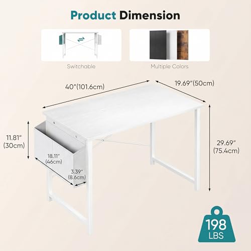 Image of OLIXIS Small Computer Desk, 40 Inch Gaming Desks for Home Office | Writing Study Craft Work Table, Computer Workstation for Bedroom Small Spaces with Storage Bag, All White
