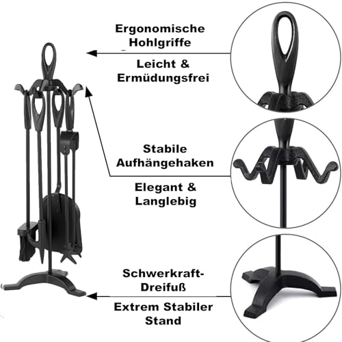Amagabeli 25.2″(64cm) 5- tlg.Kaminbesteck Sets Schmiedeeisen und Innenausstattung Kaminzubehör Holzhalter Kaminständer Feuerzange Schaufel Antikbürste Schornsteinschürhaken Holzofen (Schwarz)-6