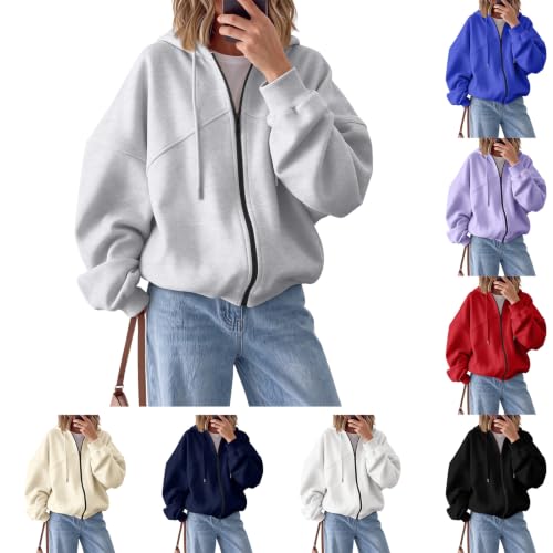 Sweatshirt Jacket Women Drawstring V Neck Fleece Zip Up Hoodie with Pockets | Ribbed Cuffs and Hem, Drop Shoulder, Full Zipper, Work Commuting, Classic Sporty, Loose Fit, Fall Winter Cozy, Womans Tops - image 1
