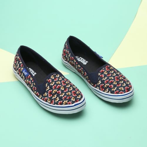 Image of TUFF Women's Canvas Slip-On Sneakers, Navy and Red Floral Print, Rubber Sole, Casual Jutti,Bellies