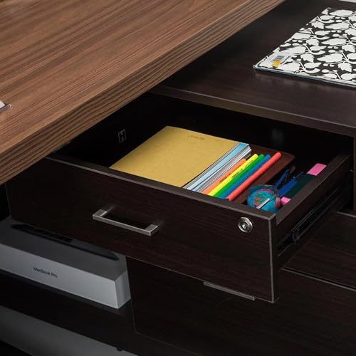 Image of Lakdi The Furniture Co Director L Shape Table Made in Particle Board and Metal SS Piller and Luxury Modern CEO Desks and MDF Modestery with Matte Finish & Computer Workstation- Classic Walnut-LDL-557