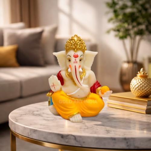 Image of Gold Art India Gaddi Ganesha Idol 3.5 inch - Ivory Multicolour Ganpati Murti with Golden Jewelry | Hand-Painted Polyresin Ganesh Idol for Car Dashboard, Home Temple, Office Desk Decor