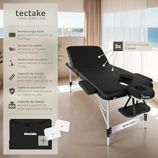 tectake® Table de Massage Pliante Professionnelle 3 Zones Aluminium Cosmetique Lit de Massage Table Esthetique Tatouage Portable avec Appuie-tête Amovible Repose Bras, Housse de Transport Incluse