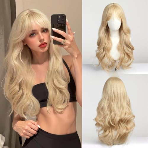 Luxclipse Golden Wigs Human Hair for Women with Bangs, Full