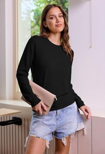 Fall Sweaters for Women 2025 Crew Neck Long Sleeve Crochet Pullover Sweater Tops Lightweight Ribbed Knit Pullover2