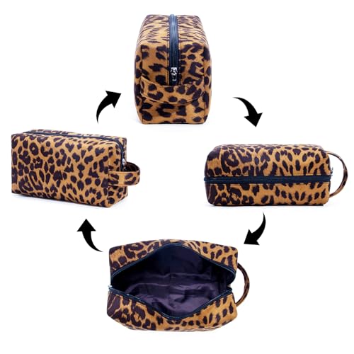 Large Capacity Makeup Bags, 2 Pieces, Leopard Print, Cosmetic Travel Toiletry Organizer Bag, Soft and Warm Material (Brown)3