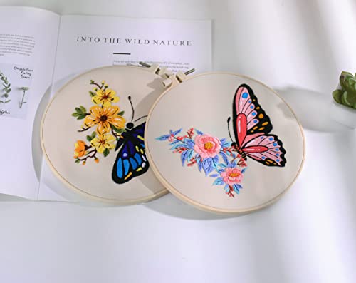 Image of Konrisa Embroidery Starter Kits with Butterfly Flower Pattern, Stamped Cross Stitch Kits for Beginners Adults DIY Sewing Include Embroidery Hoop Embroidery Fabric Threads and Needles,Set of 2