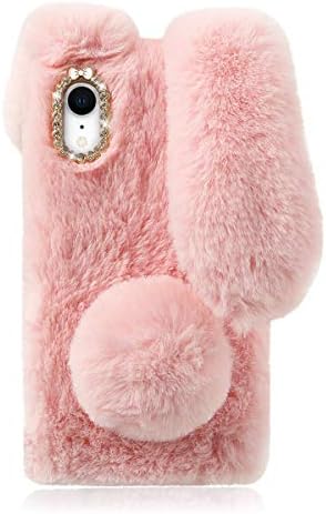 Mikikit Fluffy Bunny Ear Phone Case for iPhone XR, Warm Smooth Rabbit Fur Cover with Sparkly Diamond, TPU Soft Phone Shell Protective Case, Anti-Shock Protective Case for Winter (iPhone XR Pink)
