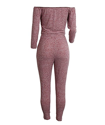 IyMoo Womens Sexy Off Shoulder Long Sleeve High Waisted Long Bodycon Jumpsuits Rompers Burgundy Medium - Thumbnail 5